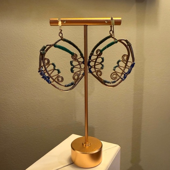 Vintage Gold Green/Blue Wire Wrapped Handmade 2” Dangle Earrings - Picture 5 of 5